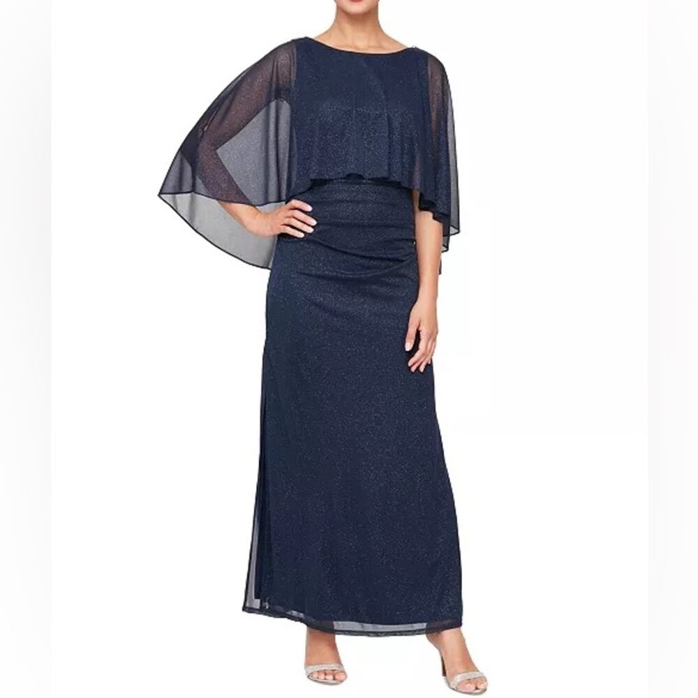 SL Fashions Women's Sparkle Mesh Capelet Ruched Gown Smoke Sz 8P Petite